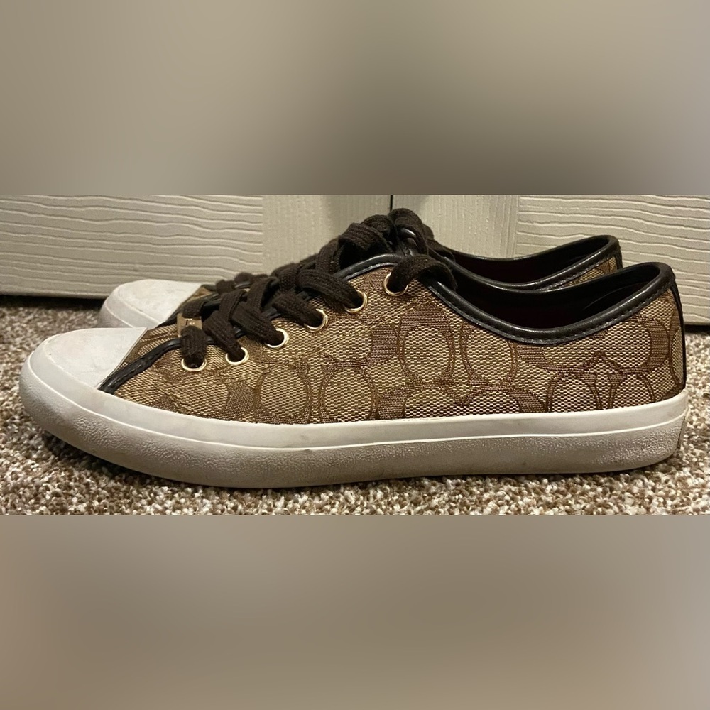 Coach Womens Lace up Sneakers Brown Monogram Logo Sz 7.5 Empire A00248